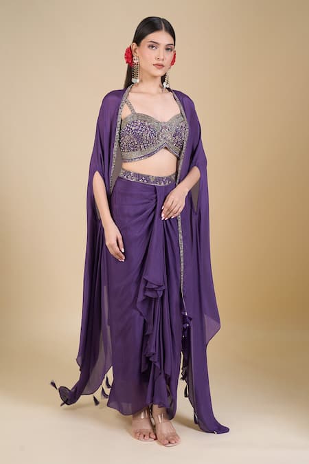 Samyukta Singhania Purple Embroidered Crop Top & Skirt Set 