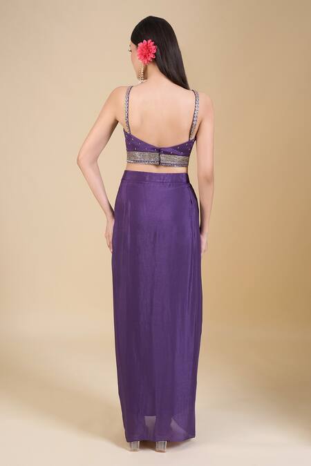 Samyukta Singhania_Purple Chinon Zari, Sequins Sweetheart Neck, Embroidered Crop Top And Skirt Set_at_Aza_Fashions