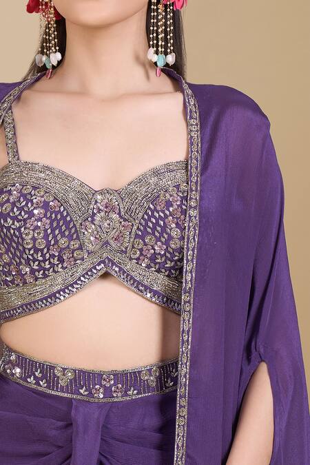 Buy_Samyukta Singhania_Purple Chinon Zari, Sequins Sweetheart Neck, Embroidered Crop Top And Skirt Set