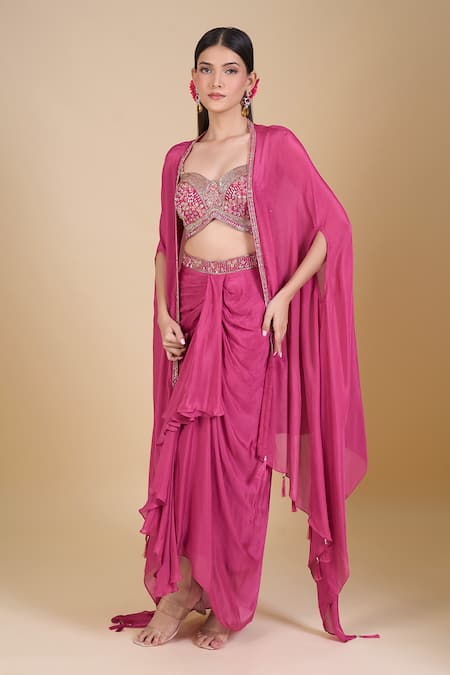 Samyukta Singhania Pink Embroidered Crop Top Jacket Skirt Set 