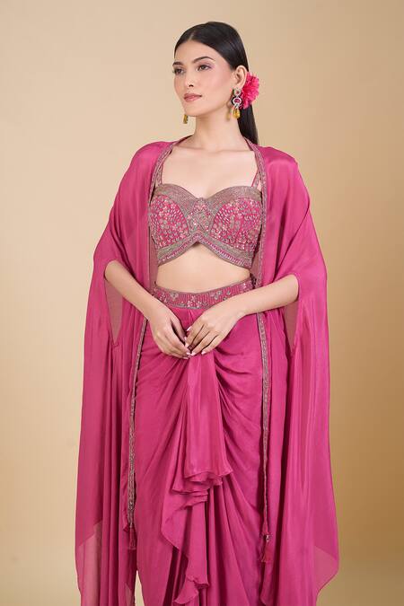 Shop_Samyukta Singhania_Pink Chinon Sequins, Zari Sweetheart Neck, Embroidered Crop Top Jacket Skirt Set_Online_at_Aza_Fashions