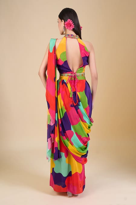 Shop Samyukta Singhania Multi Color Crepe Sequins, Pearls Halter Neck Pre-draped Saree Set at Aza Fashions Shop_Samyukta Singhania_Multi Color Crepe Sequins, Pearls Halter Neck Pre-draped Saree Set_at_Aza_Fashions