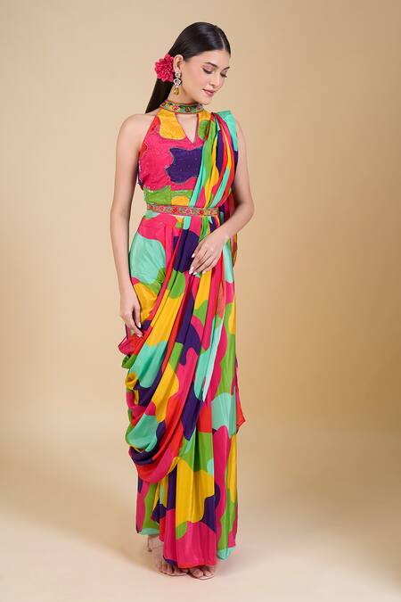 Samyukta Singhania Multi Color Crepe Sequins, Pearls Halter Neck Pre-draped Saree Set Online at Aza Fashions Samyukta Singhania_Multi Color Crepe Sequins, Pearls Halter Neck Pre-draped Saree Set_Online_at_Aza_Fashions