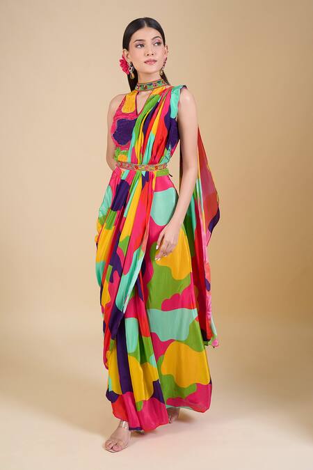 Buy Samyukta Singhania Multi Color Crepe Sequins, Pearls Halter Neck Pre-draped Saree Set Online at Aza Fashions Buy_Samyukta Singhania_Multi Color Crepe Sequins, Pearls Halter Neck Pre-draped Saree Set_Online_at_Aza_Fashions