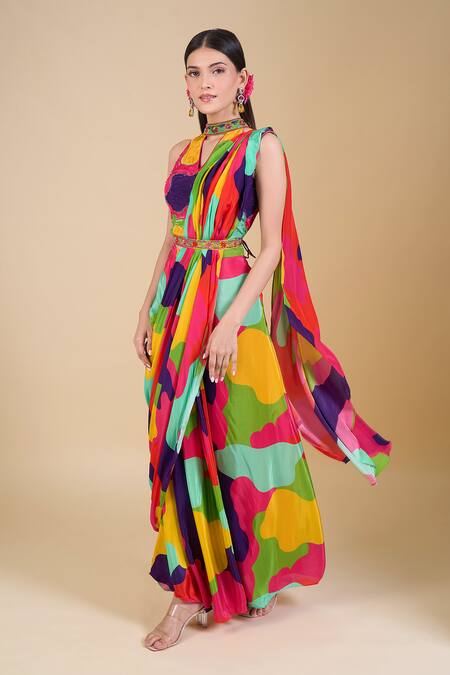 Shop Samyukta Singhania Multi Color Crepe Sequins, Pearls Halter Neck Pre-draped Saree Set Online at Aza Fashions Shop_Samyukta Singhania_Multi Color Crepe Sequins, Pearls Halter Neck Pre-draped Saree Set_Online_at_Aza_Fashions