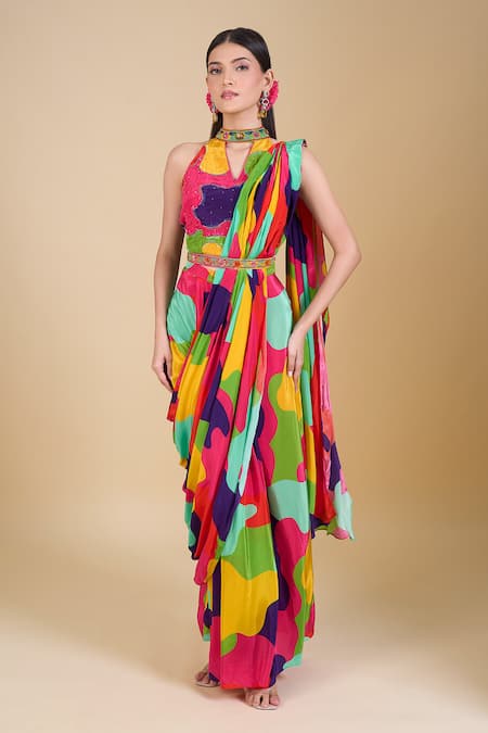 Samyukta Singhania Multi Color Pre-Draped Saree Set 