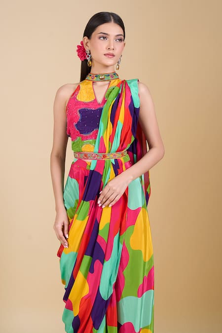 Samyukta Singhania Multi Color Crepe Sequins, Pearls Halter Neck Pre-draped Saree Set at Aza Fashions Samyukta Singhania_Multi Color Crepe Sequins, Pearls Halter Neck Pre-draped Saree Set_at_Aza_Fashions