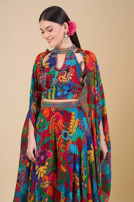 Buy_Samyukta Singhania_Multi Color Chinon Embroidery, Zari, Sequins Keyhole Neck, Open Crop Top Set_Online_at_Aza_Fashions