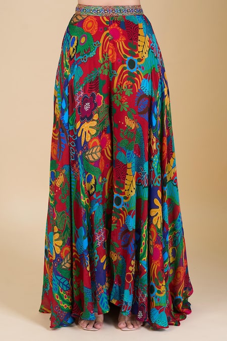 Shop_Samyukta Singhania_Multi Color Chinon Embroidery, Zari, Sequins Keyhole Neck, Open Crop Top Set_Online_at_Aza_Fashions