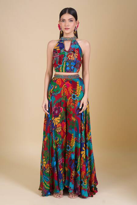 Samyukta Singhania_Multi Color Chinon Embroidery, Zari, Sequins Keyhole Neck, Open Crop Top Set_at_Aza_Fashions