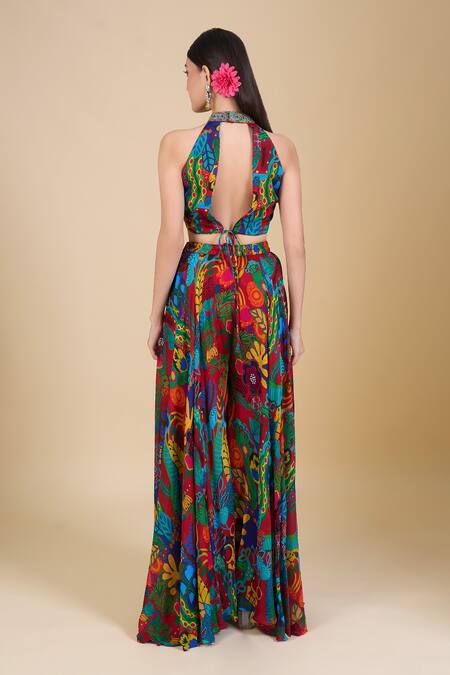 Buy_Samyukta Singhania_Multi Color Chinon Embroidery, Zari, Sequins Keyhole Neck, Open Crop Top Set