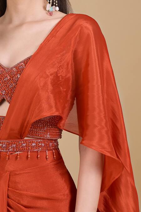 Buy_Samyukta Singhania_Orange Chinon Embroidery, Zari, Sequins Sweetheart Neck Hand Blouse And Saree Set_Online_at_Aza_Fashions