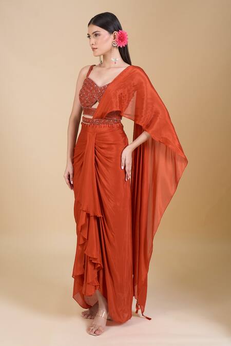 Shop_Samyukta Singhania_Orange Chinon Embroidery, Zari, Sequins Sweetheart Neck Hand Blouse And Saree Set_Online_at_Aza_Fashions