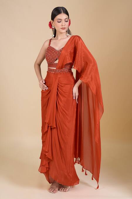 Samyukta Singhania_Orange Chinon Embroidery, Zari, Sequins Sweetheart Neck Hand Blouse And Saree Set_at_Aza_Fashions