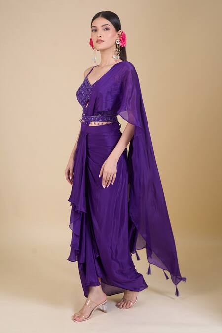 Buy_Samyukta Singhania_Purple Chinon Embroidery, Zari, Sequins Sweetheart Neck Hand Saree Set_Online_at_Aza_Fashions