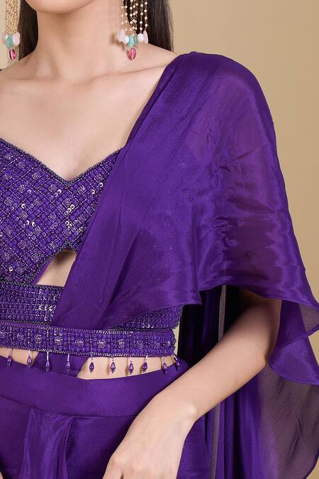 Shop_Samyukta Singhania_Purple Chinon Embroidery, Zari, Sequins Sweetheart Neck Hand Saree Set_Online_at_Aza_Fashions