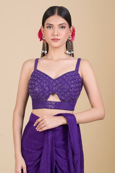 Samyukta Singhania_Purple Chinon Embroidery, Zari, Sequins Sweetheart Neck Hand Saree Set_at_Aza_Fashions