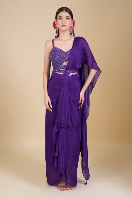 Samyukta Singhania Purple Hand Embroidered Saree Set 