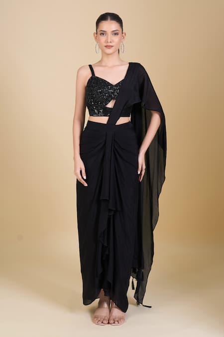 Samyukta Singhania Black Hand Embroidered Saree Set 