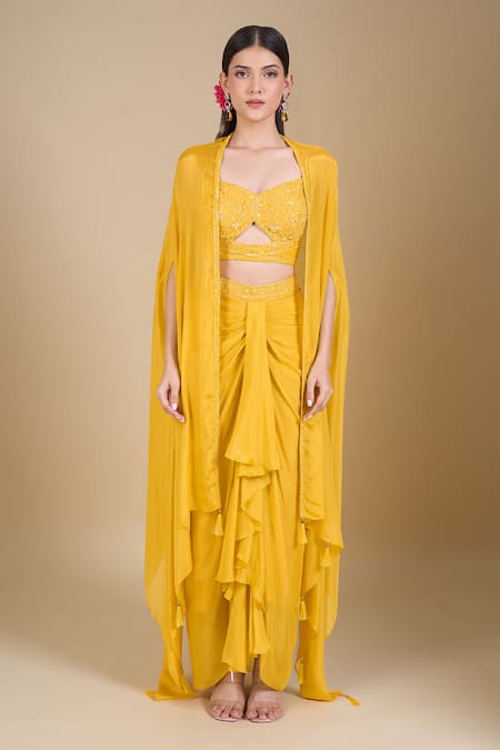Samyukta Singhania_Yellow Chinon Sequins, Zari, Cut Work Sweetheart Hand Embroidered Crop Top Set_Online_at_Aza_Fashions