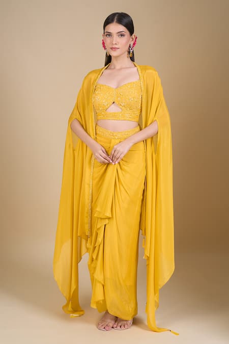 Samyukta Singhania Yellow Chinon Sequins, Zari, Cut Work Sweetheart Hand Embroidered Crop Top Set 