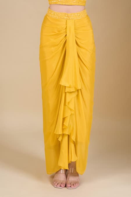 Buy_Samyukta Singhania_Yellow Chinon Sequins, Zari, Cut Work Sweetheart Hand Embroidered Crop Top Set_Online_at_Aza_Fashions