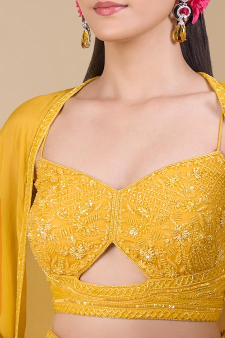 Shop_Samyukta Singhania_Yellow Chinon Sequins, Zari, Cut Work Sweetheart Hand Embroidered Crop Top Set_Online_at_Aza_Fashions