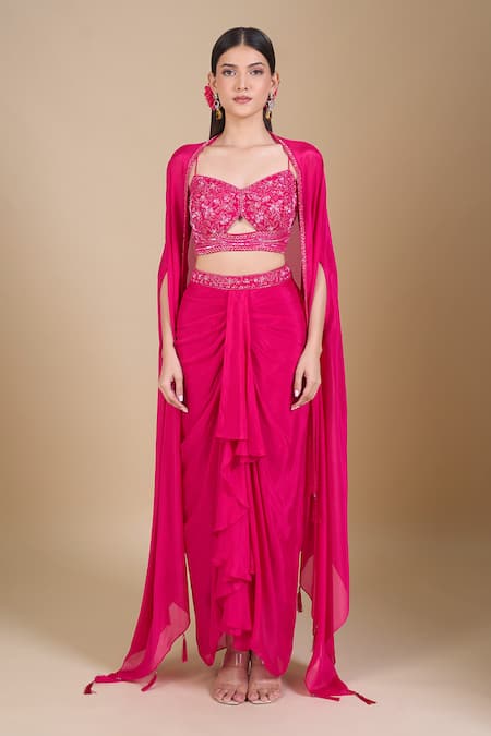 Buy_Samyukta Singhania_Magenta Chinon Embroidery, Zari, Sequins Sweetheart Neck, Open Hand 3-piece Set_Online_at_Aza_Fashions
