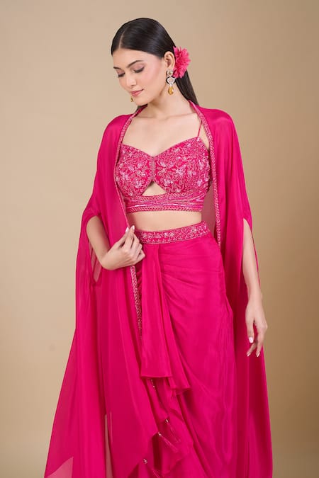 Shop_Samyukta Singhania_Magenta Chinon Embroidery, Zari, Sequins Sweetheart Neck, Open Hand 3-piece Set_Online_at_Aza_Fashions
