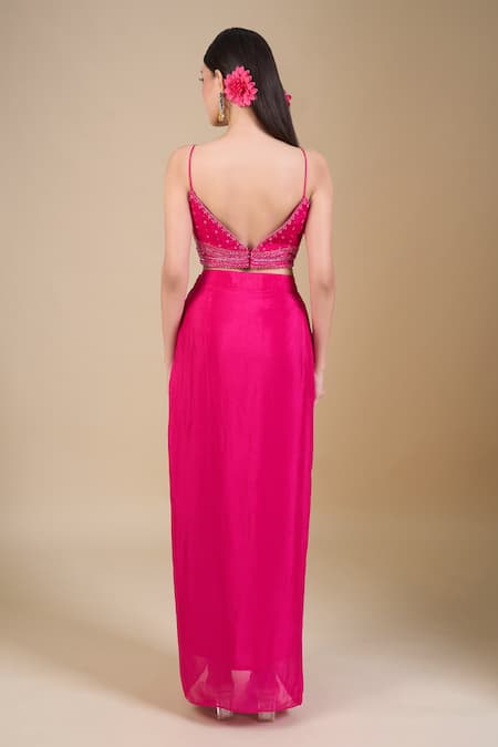 Samyukta Singhania_Magenta Chinon Embroidery, Zari, Sequins Sweetheart Neck, Open Hand 3-piece Set_at_Aza_Fashions