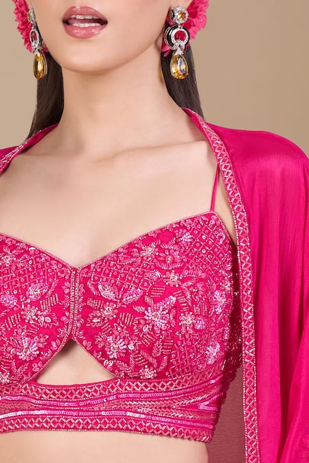 Buy_Samyukta Singhania_Magenta Chinon Embroidery, Zari, Sequins Sweetheart Neck, Open Hand 3-piece Set