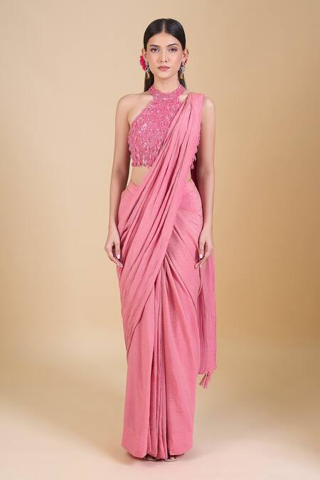 Buy_Samyukta Singhania_Pink Tissue Embroidery, Sequins, Beads, Cut Work Halter Neck Hand Saree Set_Online_at_Aza_Fashions