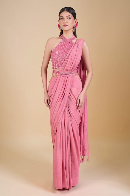 Samyukta Singhania Pink Hand Embroidered Saree Set 