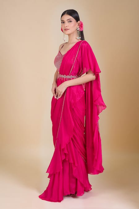 Buy_Samyukta Singhania_Magenta Chinon Embroidery Sweetheart Neck Hand Blouse And Saree Set _Online_at_Aza_Fashions