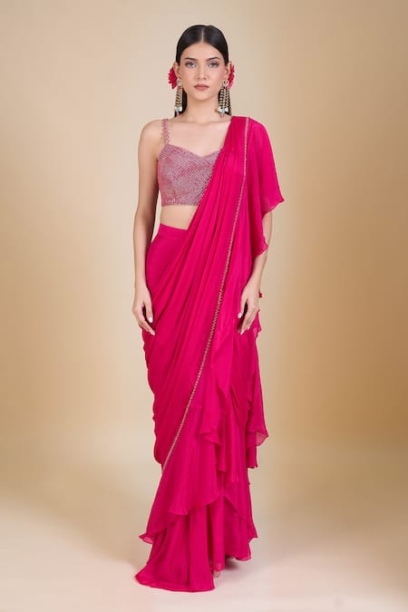 Samyukta Singhania_Magenta Chinon Embroidery Sweetheart Neck Hand Blouse And Saree Set _at_Aza_Fashions