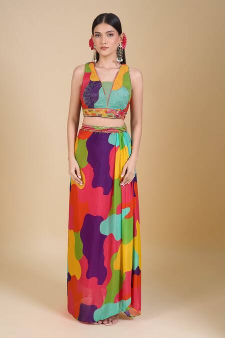 Samyukta Singhania Green Chinon Sequins, Zari, Cut Work V-, Open Multi Color Crop Top Set Online at Aza Fashions Samyukta Singhania_Green Chinon Sequins, Zari, Cut Work V-, Open Multi Color Crop Top Set_Online_at_Aza_Fashions