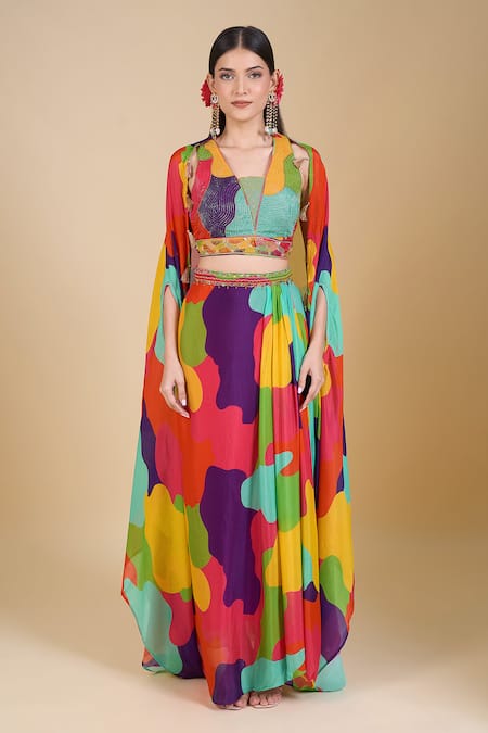 Buy Samyukta Singhania Green Chinon Sequins, Zari, Cut Work V-, Open Multi Color Crop Top Set Online at Aza Fashions Buy_Samyukta Singhania_Green Chinon Sequins, Zari, Cut Work V-, Open Multi Color Crop Top Set_Online_at_Aza_Fashions