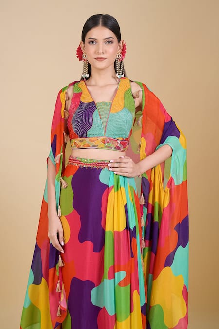 Samyukta Singhania Green Chinon Sequins, Zari, Cut Work V-, Open Multi Color Crop Top Set at Aza Fashions Samyukta Singhania_Green Chinon Sequins, Zari, Cut Work V-, Open Multi Color Crop Top Set_at_Aza_Fashions