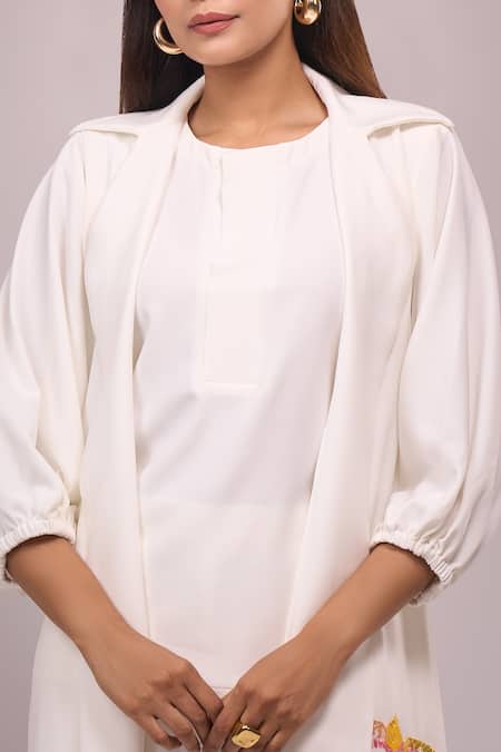 Buy_Samyukta Singhania_White Crepe Sequins, Embroidery Round Neck, Embellished Top Pant Jacket Set _Online_at_Aza_Fashions