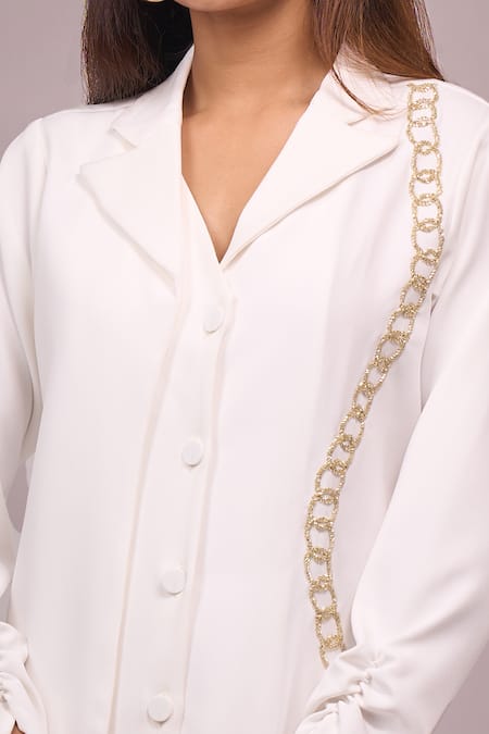 Naintara Bajaj White Crepe Cut Work Collared Cutdana Dress at Aza Fashions Naintara Bajaj_White Crepe Cut Work Collared Cutdana Dress _at_Aza_Fashions