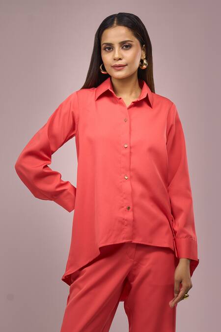 Samyukta Singhania_Orange Crepe Sequins Collared Shirt And Pant Set_Online_at_Aza_Fashions