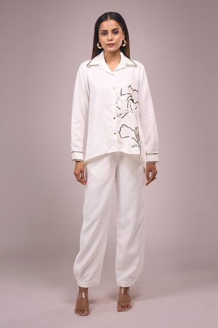 Samyukta Singhania_White Crepe Sequins Collared Embellished Shirt And Pant Set _Online_at_Aza_Fashions