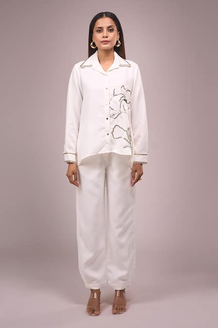 Buy_Samyukta Singhania_White Crepe Sequins Collared Embellished Shirt And Pant Set _Online_at_Aza_Fashions