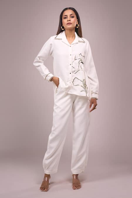 Samyukta Singhania White Sequin Embellished Shirt & Pant Set 