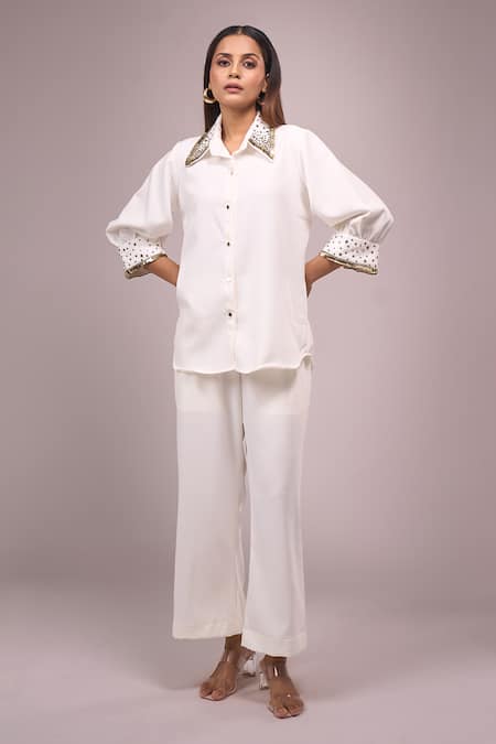 Samyukta Singhania White Sequin Embellished Shirt & Pant Set 