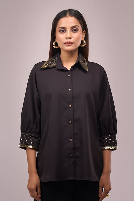 Buy_Samyukta Singhania_Black Crepe Sequins Collared Detail Shirt And Pant Set _Online_at_Aza_Fashions