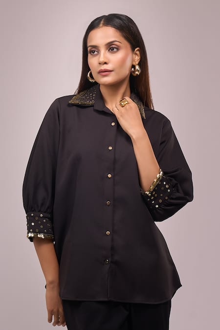 Samyukta Singhania_Black Crepe Sequins Collared Detail Shirt And Pant Set _at_Aza_Fashions