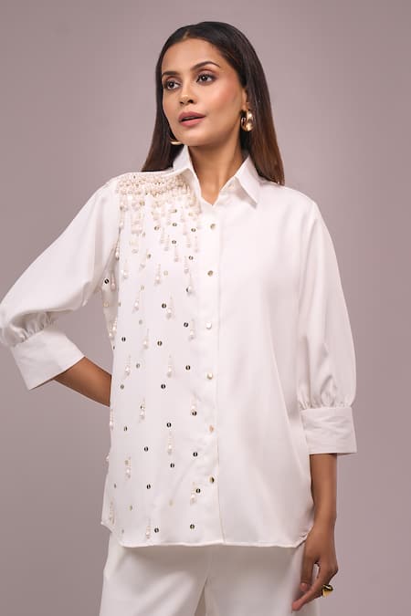 Samyukta Singhania_White Crepe Collared Hanging Hand Work Shirt And Pant Set _Online_at_Aza_Fashions
