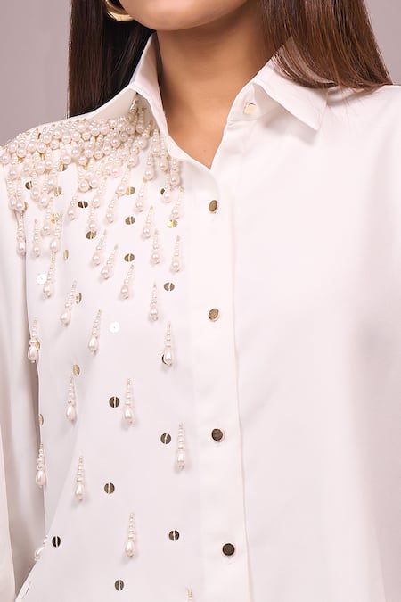 Shop_Samyukta Singhania_White Crepe Collared Hanging Hand Work Shirt And Pant Set _Online_at_Aza_Fashions