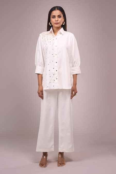 Samyukta Singhania_White Crepe Collared Hanging Hand Work Shirt And Pant Set _at_Aza_Fashions